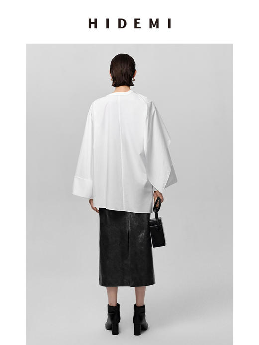 HIDEMI 极简多穿可拆卸围巾式纽扣廓形衬衫 白色/黑色 商品图11