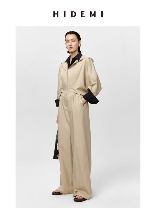 HIDEMI 极简设计感连帽斗篷镂空式廓形丝棉连体裤 黑色/亚麻色 商品图2