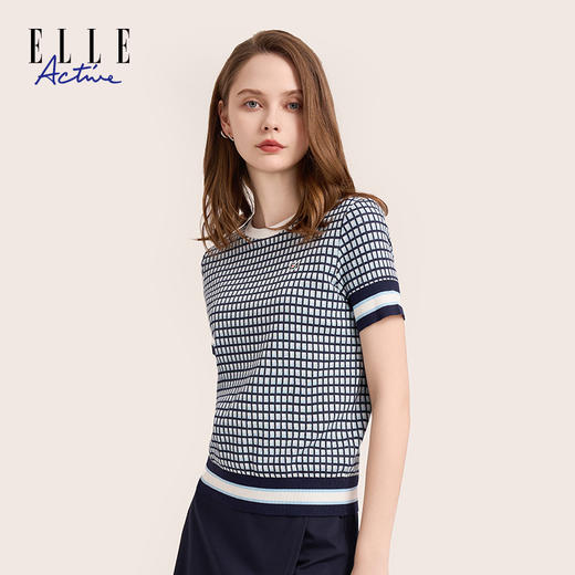 ELLE Active女装休闲时尚圆领拼接格纹针织衫正肩短袖T恤夏季新款 商品图4