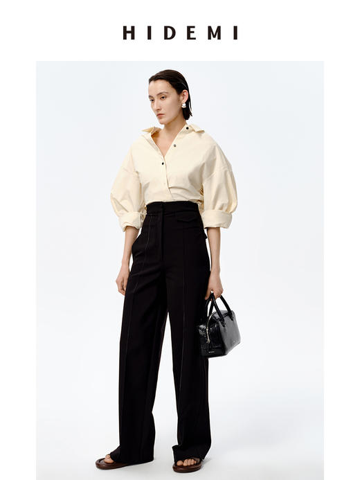 HIDEMI特殊工艺纸感微浮雕感艺术面料极简大廓形袖衬衫 奶油白/牛油果绿 商品图6