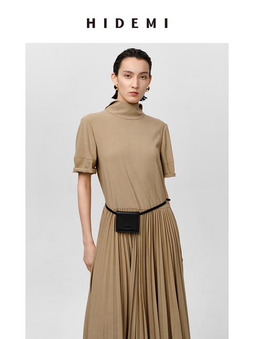 HIDEMI极简设计感廓形袖百褶连衣裙 卡其色/黑色 商品图5