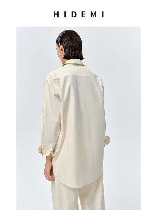 HIDEMI极简设计感白色牛油果绿镶嵌拼色款口袋廓形衬衫 商品图10