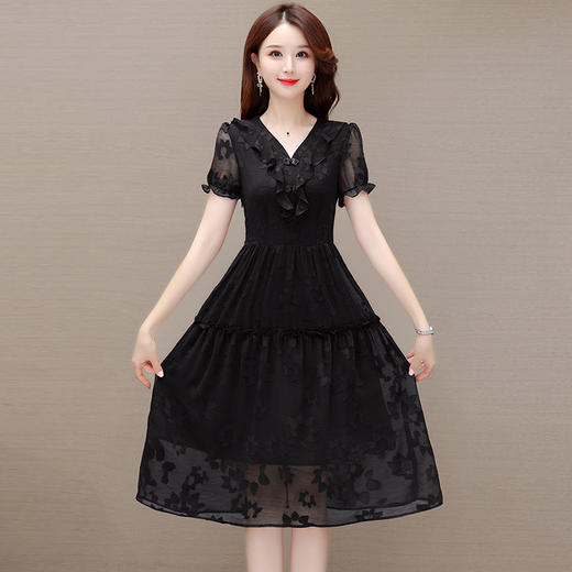 夏款时尚复古雪纺裙V领短袖荷叶边拼接气质压花连衣裙QYM-OMS-JMA316-L 商品图1