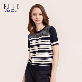 ELLE Active 女装休闲简约风圆领套头拼接短袖百搭针织衫夏季新款