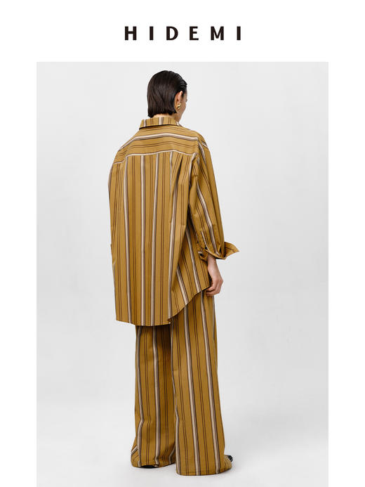 HIDEMI条纹色织水洗棉衬衫套装 衬衫/阔腿裤 姜黄色/棕色 商品图11