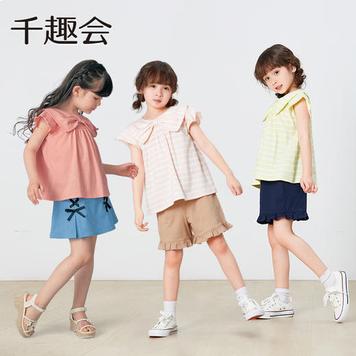 【T恤】千趣会童装儿童夏款女童可爱甜美蝴蝶结领设计短袖棉质T恤1228987 商品图3