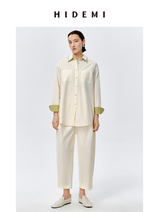HIDEMI极简设计感白色牛油果绿镶嵌拼色款口袋廓形衬衫 商品图4