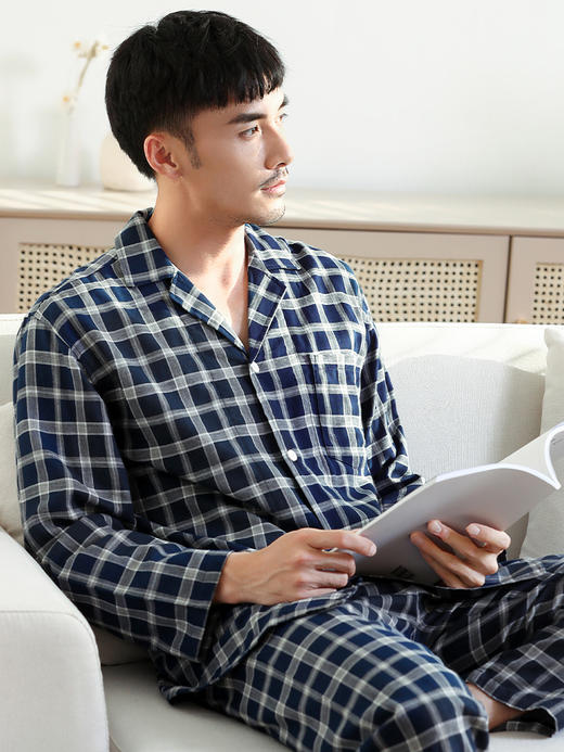 康妮雅春季睡衣男式长袖长裤开襟套装 商品图4