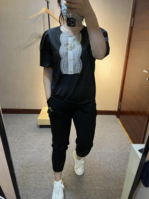 针丝缘春夏新款蕾丝珍珠扣时尚大码气质女人显瘦短袖上衣6386 商品图0