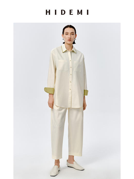 HIDEMI极简设计感白色牛油果绿镶嵌拼色款口袋廓形衬衫 商品图2