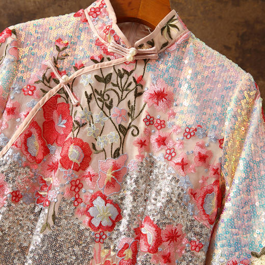 春夏中式立领，七分袖亮珠片时尚改良版女连衣裙刺绣花旗袍裙ZSM-230325 商品图3