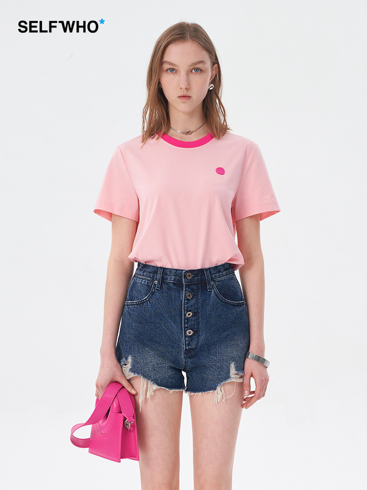 Self Who2023夏装新款索罗娜简约纯色T恤显瘦显白短袖女百搭单品