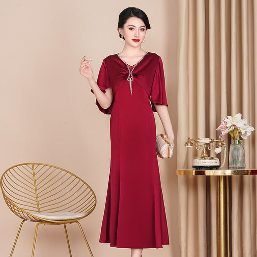 WX-8819醋酸旗袍酒红色婚宴中长款显瘦大码连衣裙夏季 商品图2