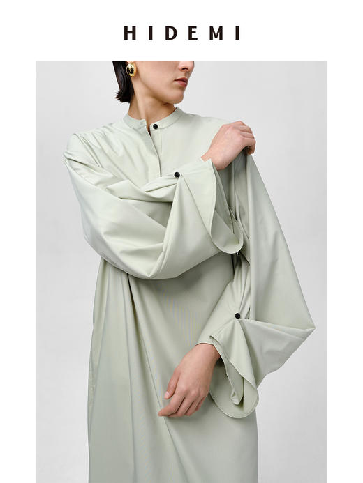 HIDEMI 芸豆绿设计感水袖极简廓形不易皱连衣长裙 商品图7