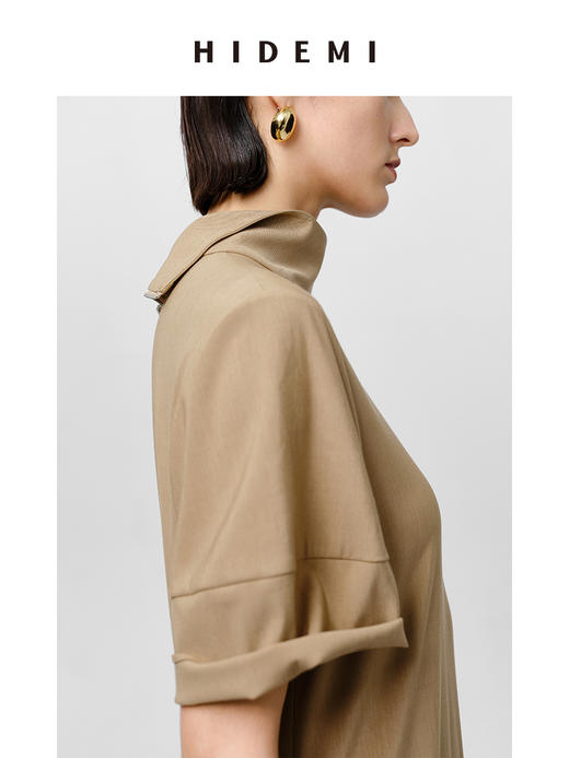 HIDEMI极简设计感廓形袖百褶连衣裙 卡其色/黑色 商品图8