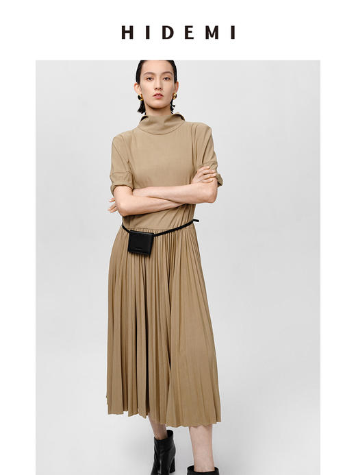 HIDEMI极简设计感廓形袖百褶连衣裙 卡其色/黑色 商品图3