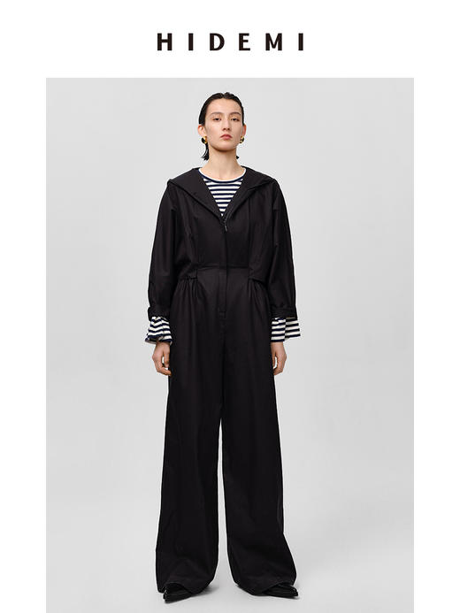 HIDEMI 极简设计感连帽斗篷镂空式廓形丝棉连体裤 黑色/亚麻色 商品图9