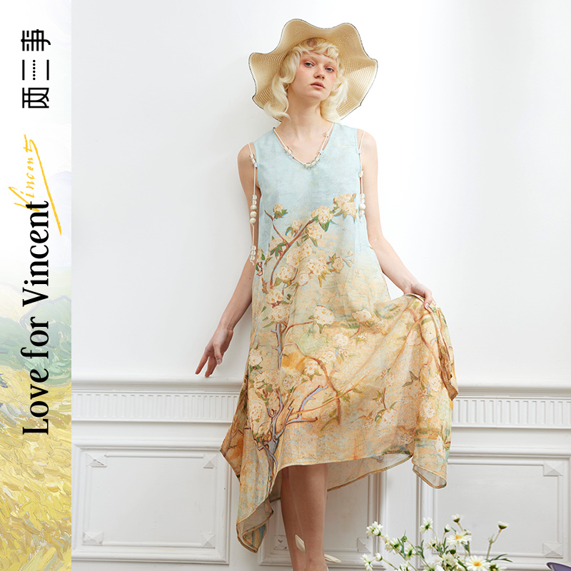 两三事梵高艺术闺房秘话 夏新款优雅油画印花无袖背心裙连衣裙