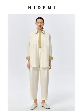 HIDEMI极简设计感白色牛油果绿镶嵌拼色款口袋廓形衬衫