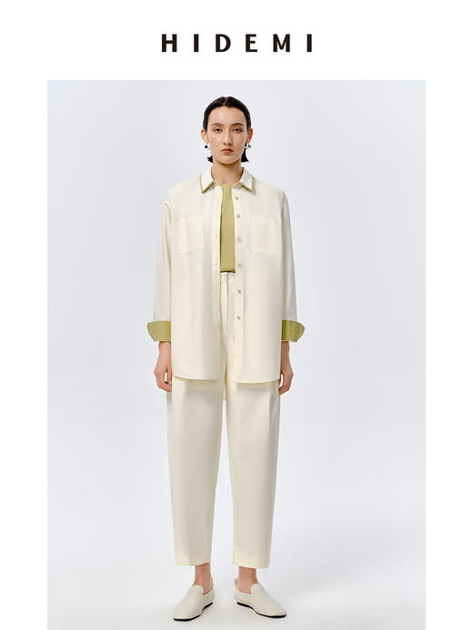 HIDEMI极简设计感白色牛油果绿镶嵌拼色款口袋廓形衬衫 商品图0