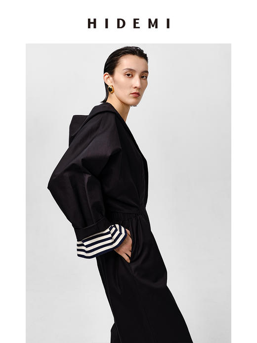 HIDEMI 极简设计感连帽斗篷镂空式廓形丝棉连体裤 黑色/亚麻色 商品图12