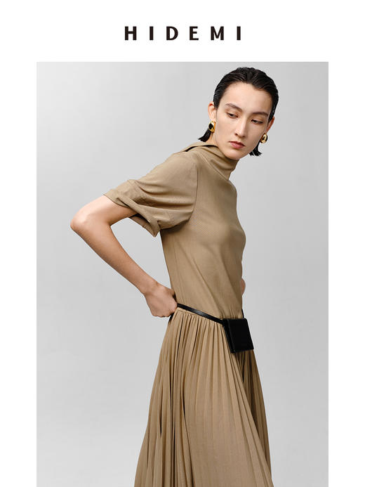 HIDEMI极简设计感廓形袖百褶连衣裙 卡其色/黑色 商品图7