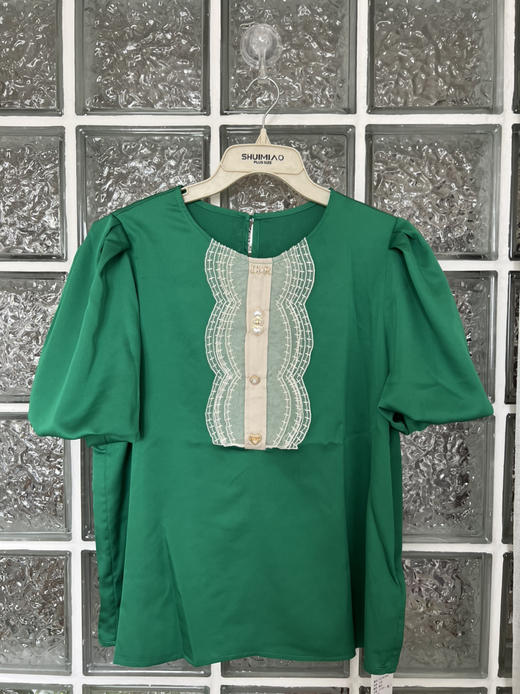 针丝缘春夏新款蕾丝珍珠扣时尚大码气质女人显瘦短袖上衣6386 商品图6