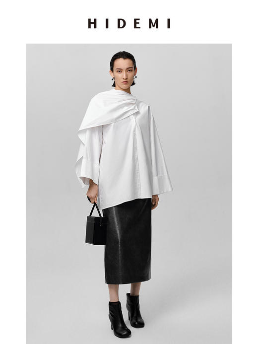 HIDEMI 极简多穿可拆卸围巾式纽扣廓形衬衫 白色/黑色 商品图10