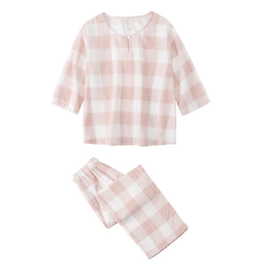 【双层纱千鸟格家居服】双层纱家居服女士七分袖家居服套装全棉格纹套头睡衣 商品图3