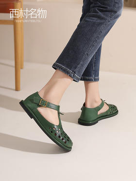 西村名物2023夏季新款透气镂空单鞋女牛皮革平底舒适洞洞鞋13381