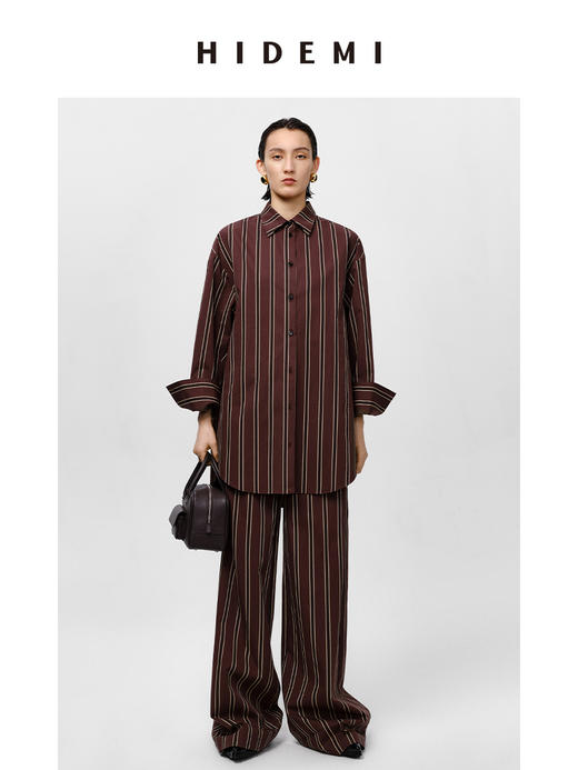 HIDEMI条纹色织水洗棉衬衫套装 衬衫/阔腿裤 姜黄色/棕色 商品图1