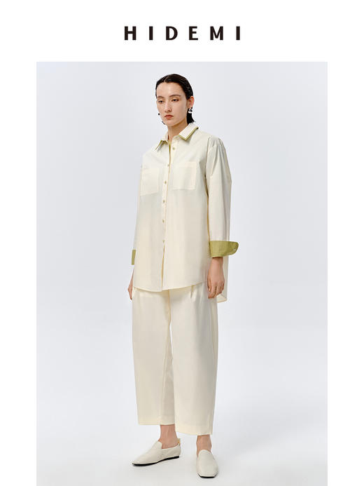 HIDEMI极简设计感白色牛油果绿镶嵌拼色款口袋廓形衬衫 商品图1