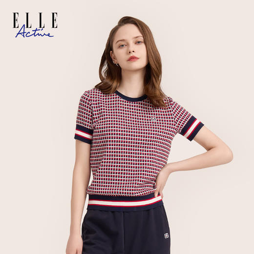 ELLE Active女装休闲时尚圆领拼接格纹针织衫正肩短袖T恤夏季新款 商品图0
