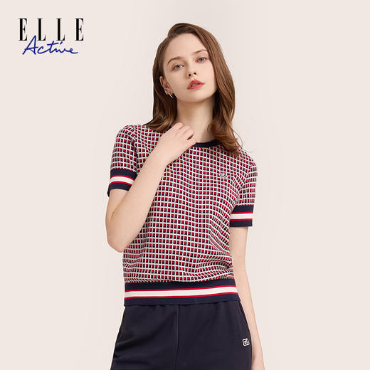 ELLE Active女装休闲时尚圆领拼接格纹针织衫正肩短袖T恤夏季新款 商品图1