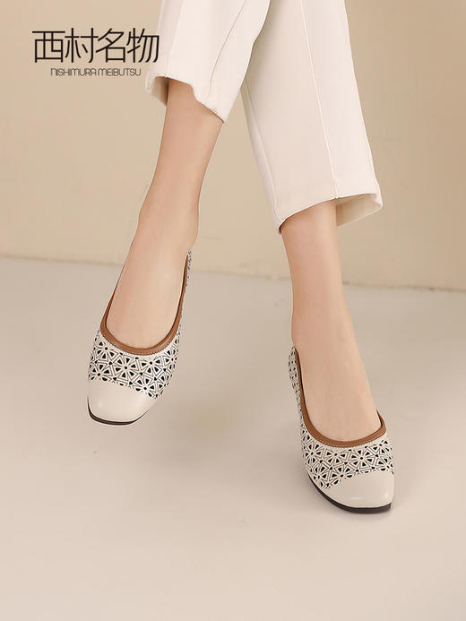 西村名物2023夏季新款简约羊皮软底洞洞鞋休闲通勤镂空单鞋13371 商品图0