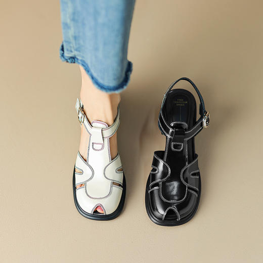 春季新款，里外全皮镂空粗跟凉鞋HCY-3407 商品图1