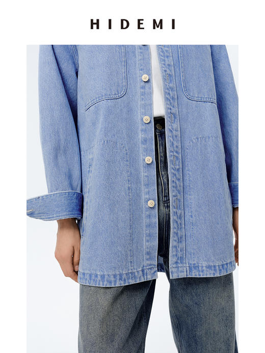 HIDEMI 可再生丹宁环保系列水洗口袋廓形牛仔衬衫外套 商品图10