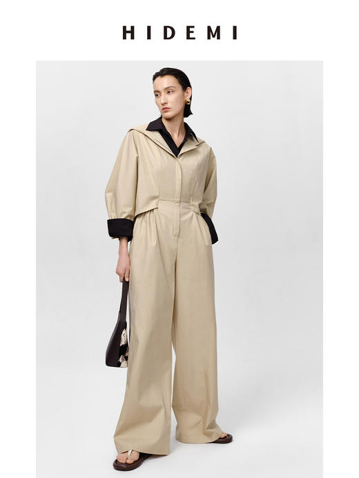 HIDEMI 极简设计感连帽斗篷镂空式廓形丝棉连体裤 黑色/亚麻色 商品图3