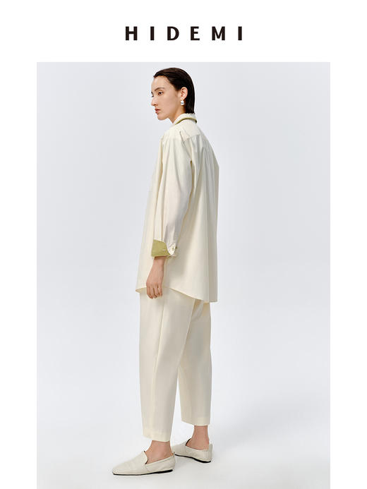 HIDEMI极简设计感白色牛油果绿镶嵌拼色款口袋廓形衬衫 商品图6