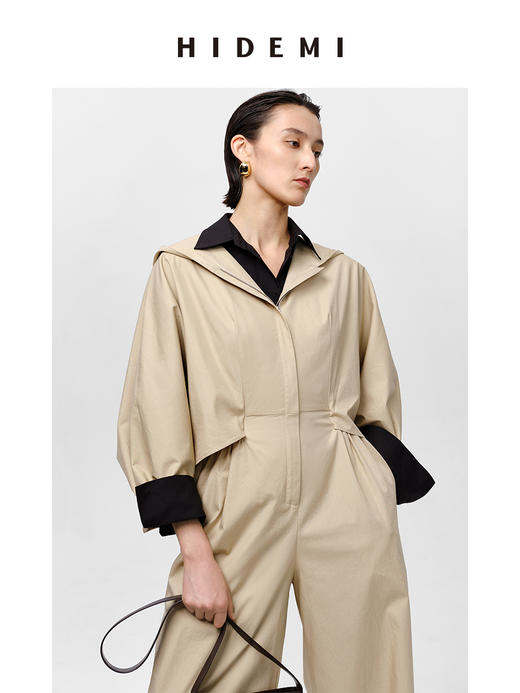 HIDEMI 极简设计感连帽斗篷镂空式廓形丝棉连体裤 黑色/亚麻色 商品图6