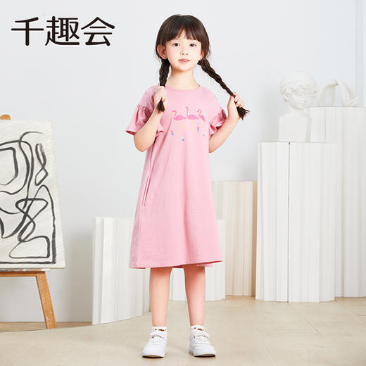 千趣会童装夏款女童甜美火烈鸟印花清凉荷叶边袖棉质连衣裙 商品图3