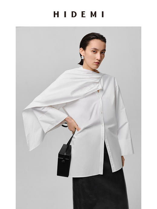 HIDEMI 极简多穿可拆卸围巾式纽扣廓形衬衫 白色/黑色 商品图14
