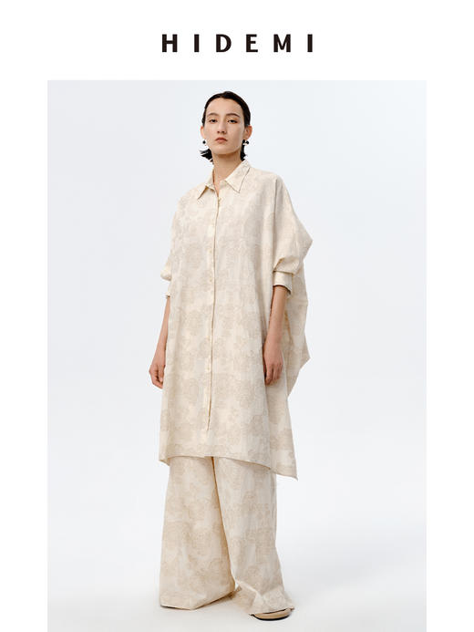 HIDEMI 艺术感色织提花水洗亚麻长款衬衫裙套装 长款衬衫裙/阔腿裤 商品图0