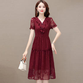 夏款时尚复古雪纺裙V领短袖荷叶边拼接气质压花连衣裙QYM-OMS-JMA316-L