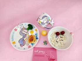 泰国进口儿童陶瓷餐具卡通立体独角兽水杯马克杯饭碗盘