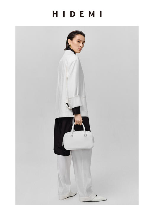 HIDEMI 水洗亚麻极简廓形纽扣垫肩西装外套 白色/卡其 商品图3