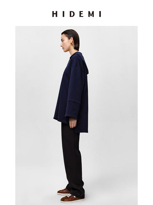 HIDEMI海军领设计感极简大廓形侧开衩加厚自然棉刺绣logo上衣 白色/藏蓝色 商品图8