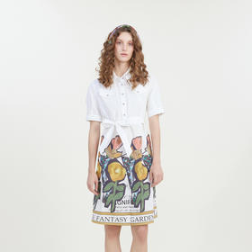 谜底复古印花连衣裙2023夏新款翻领绑带收腰中长裙短袖232ML0513