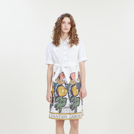 谜底复古印花连衣裙2023夏新款翻领绑带收腰中长裙短袖232ML0513 商品图0