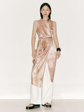 【油画仙子】品牌定制印花桑蚕丝立裁垂褶裹身连衣裙/23000046B